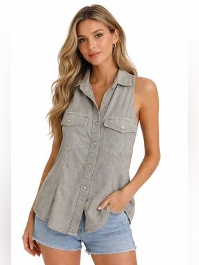 Anthropologie Cloth & Stone Grey Tencel Sleeveless Buttondown Tank